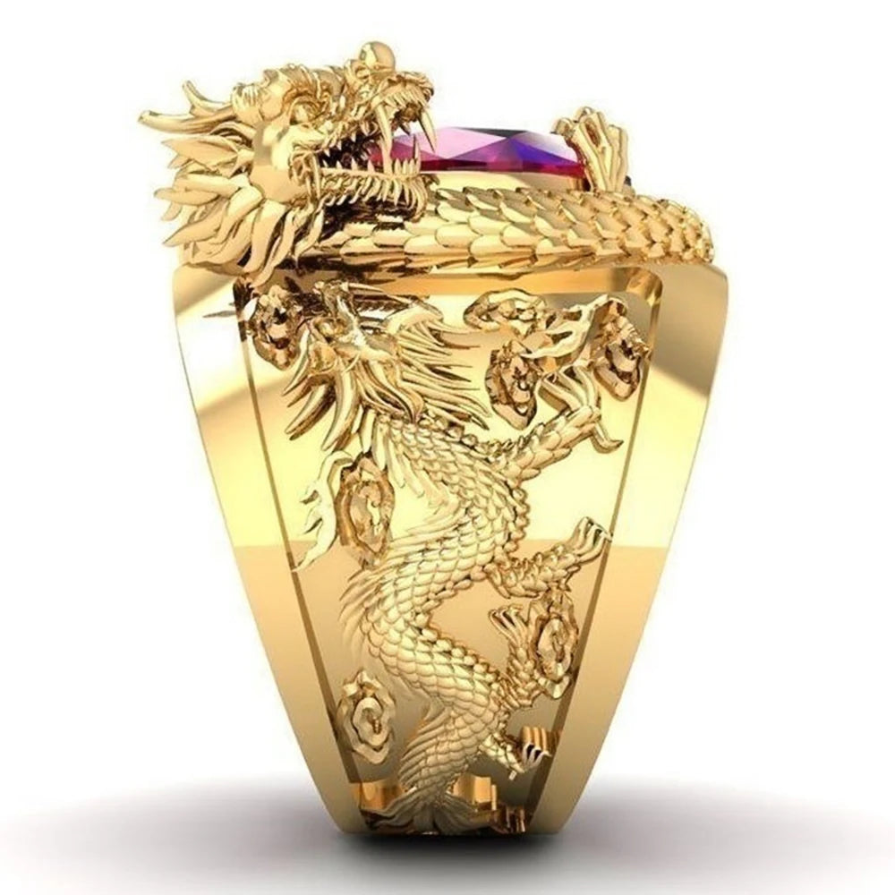 Huitan Luxury Gold Color Dragon Pattern Men Rings Inlaid Big Oval Red Stone Noble Wedding Party