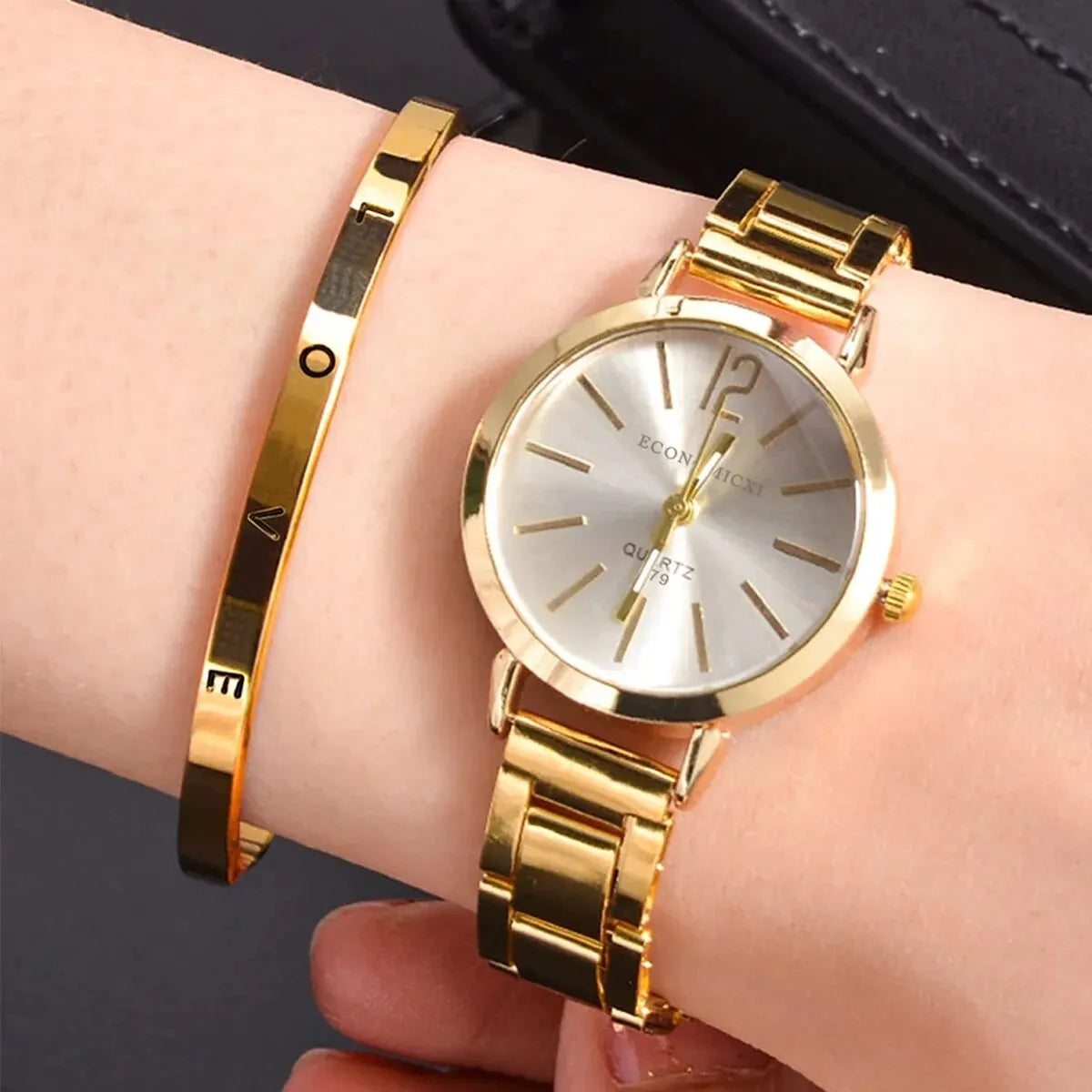 2pcs Set Watch Luxury Women Simple Gold Bracelet