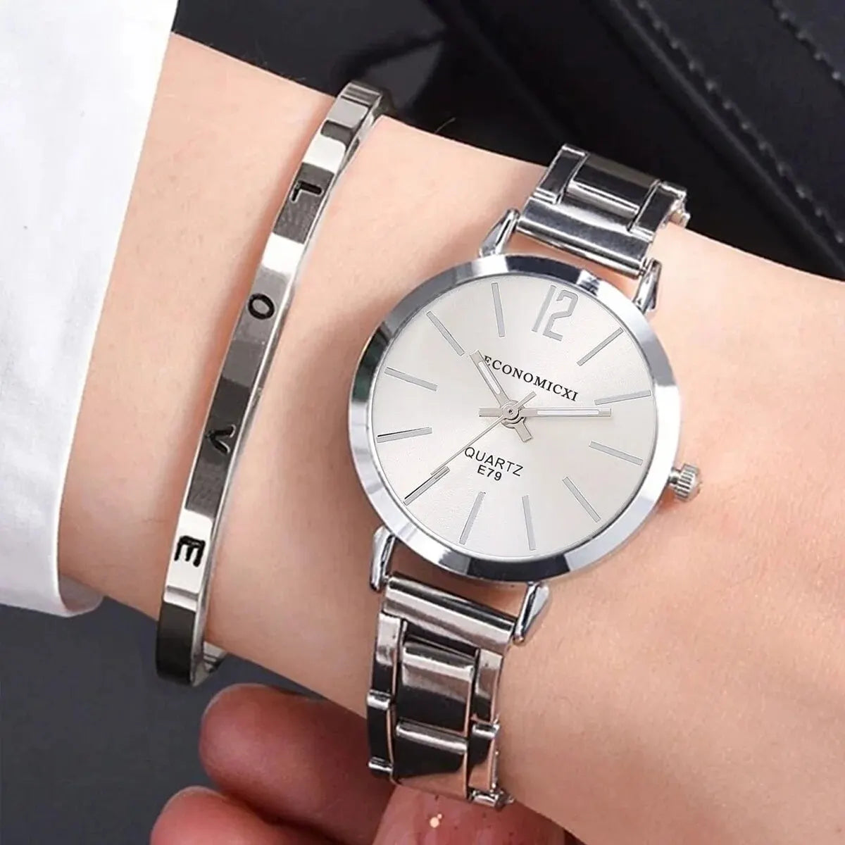 2pcs Set Watch Luxury Women Simple Gold Bracelet