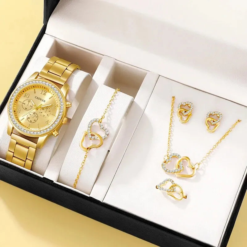 6PCS Set Rose Gold Luxury Watch Women Ring Necklace Earring Bracelet Watches