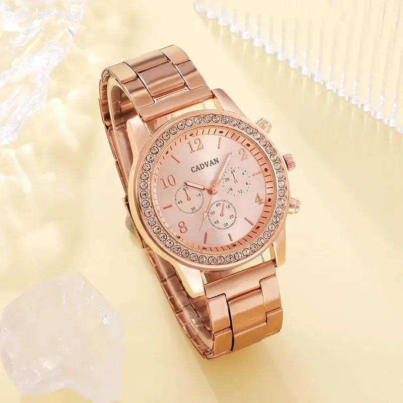 6PCS Set Rose Gold Luxury Watch Women Ring Necklace Earring Bracelet Watches