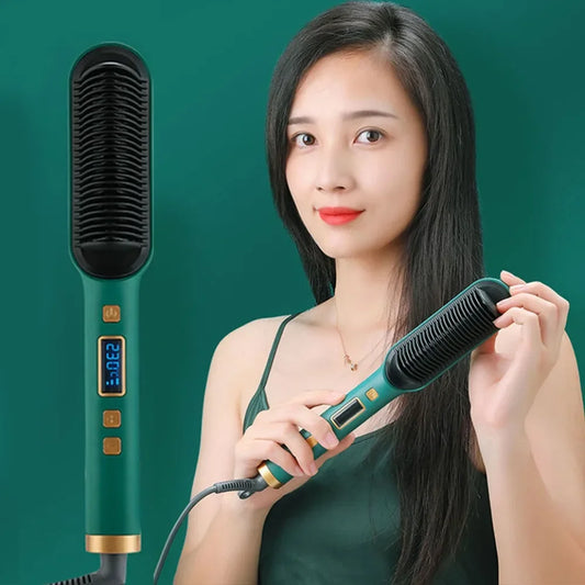 2 In 1 Electric Professional Negative Ion Hair Straightener Brush Curling Comb with Lcd Display