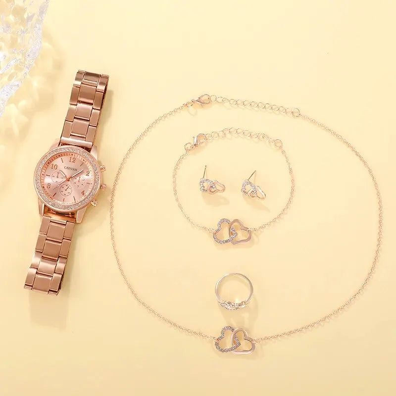 6PCS Set Rose Gold Luxury Watch Women Ring Necklace Earring Bracelet Watches