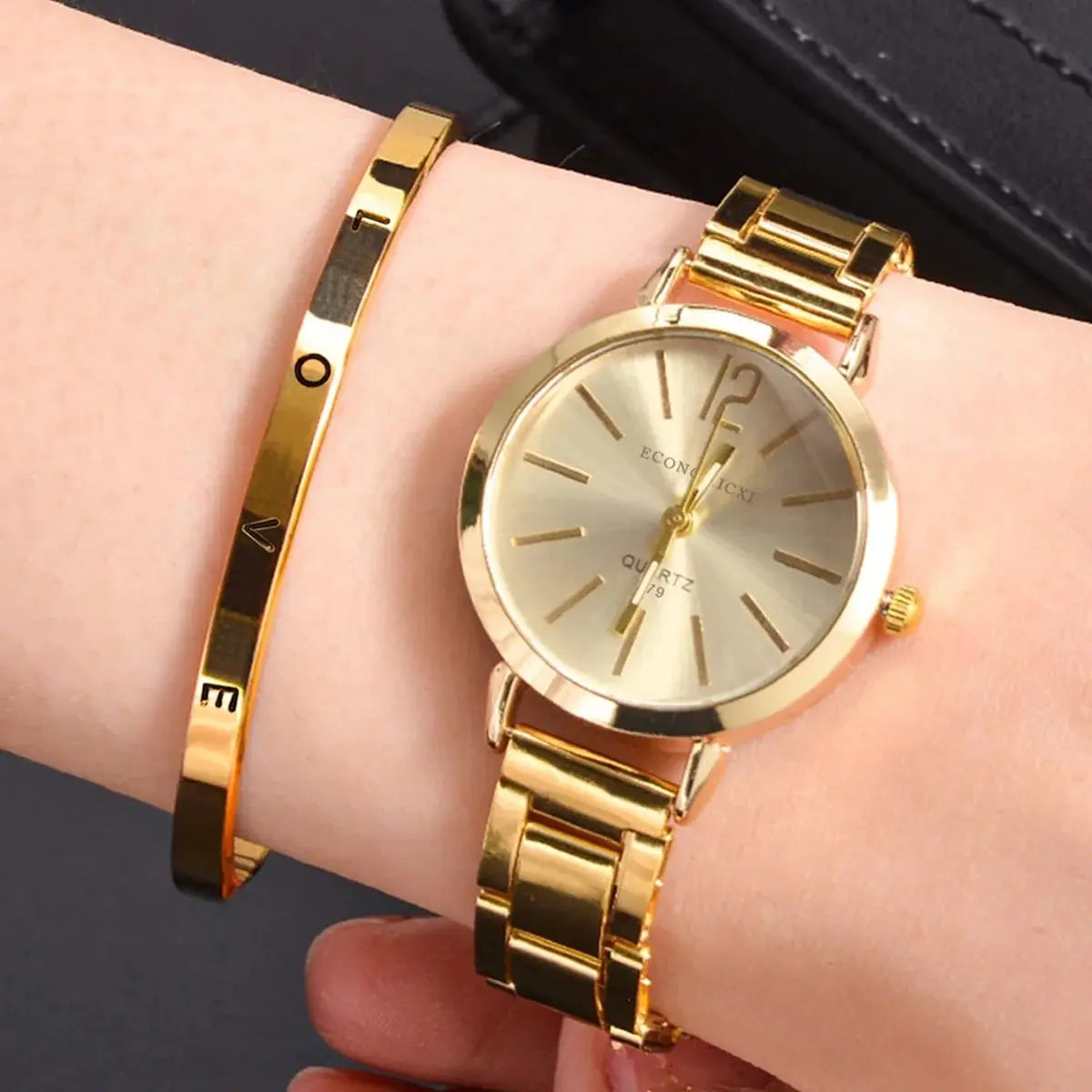 2pcs Set Watch Luxury Women Simple Gold Bracelet