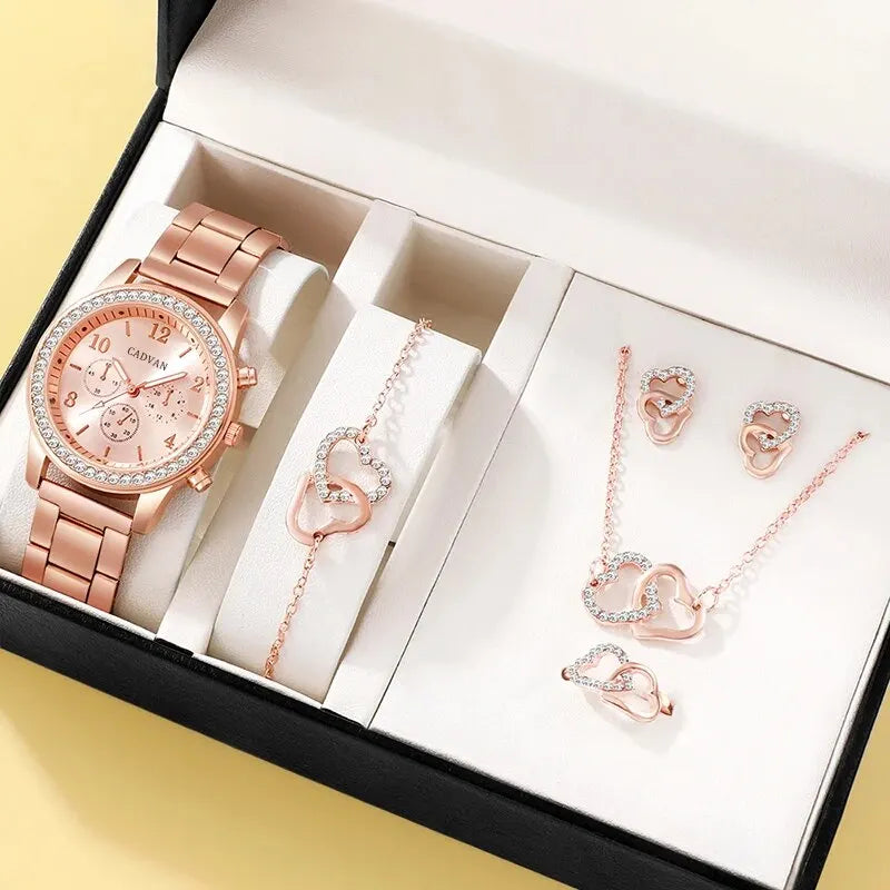 6PCS Set Rose Gold Luxury Watch Women Ring Necklace Earring Bracelet Watches