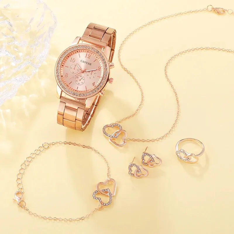 6PCS Set Rose Gold Luxury Watch Women Ring Necklace Earring Bracelet Watches