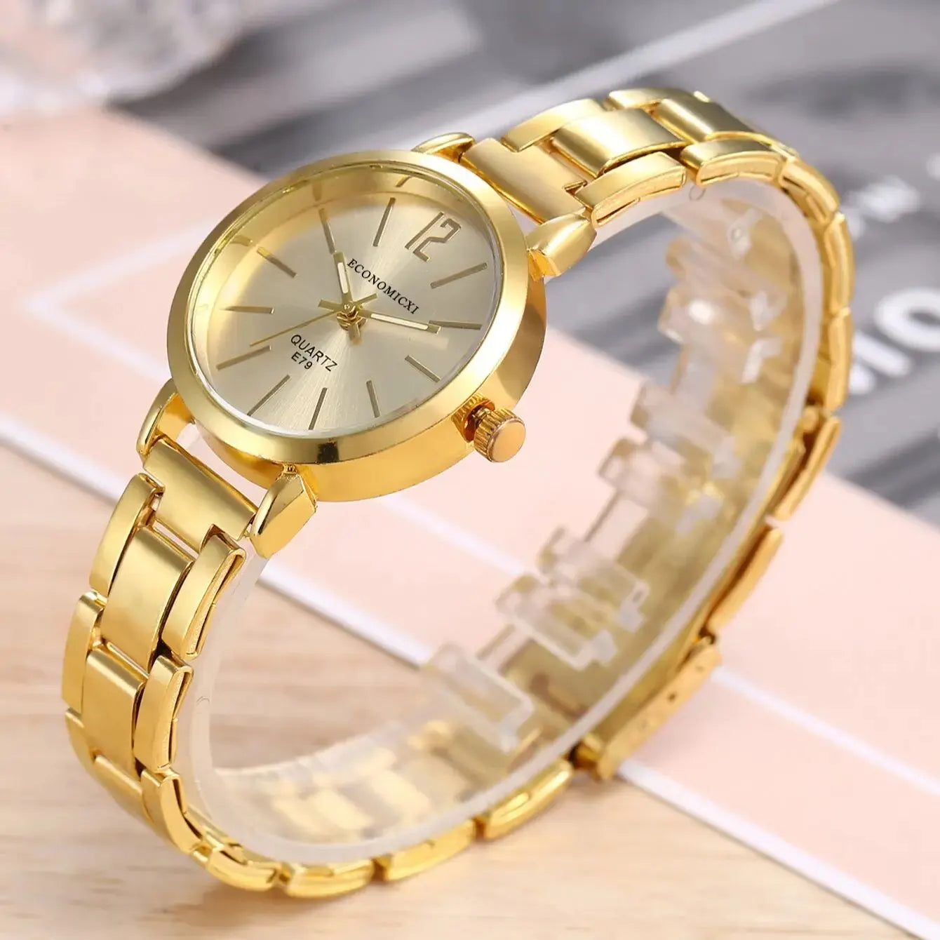 2pcs Set Watch Luxury Women Simple Gold Bracelet