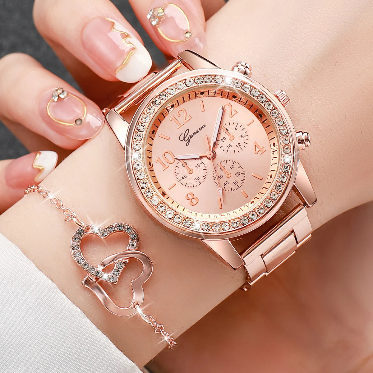 6PCS/Set Women's Watch Fashion Rhinestone Stainless Steel Band Quartz Watch Double Heart Jewelry Set(Without Box)