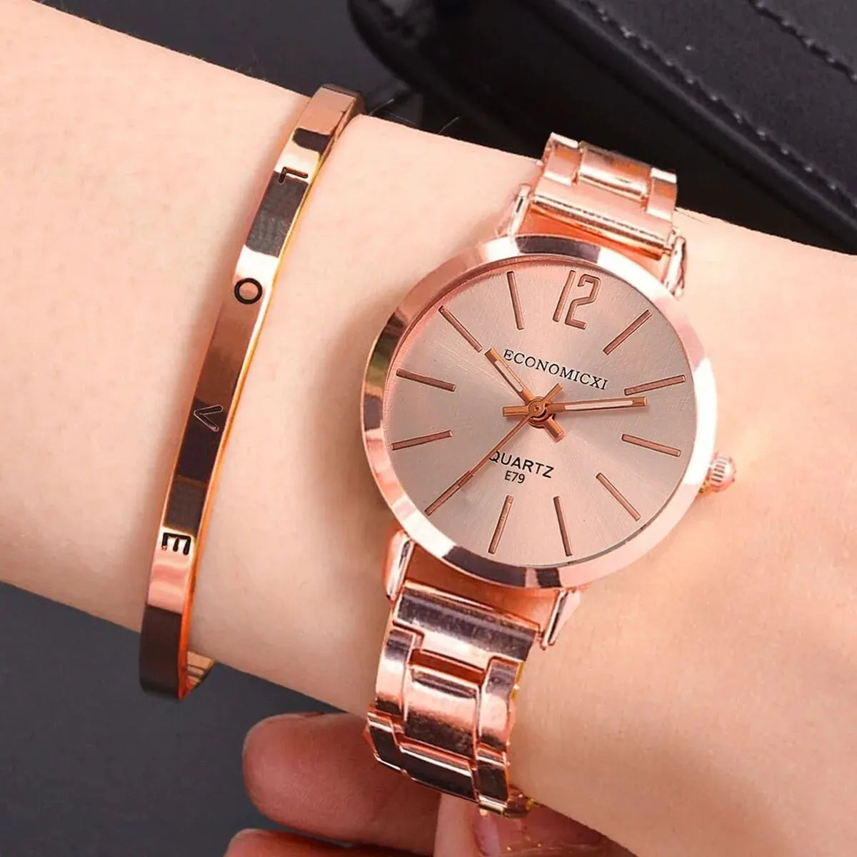 2pcs Set Watch Luxury Women Simple Gold Bracelet